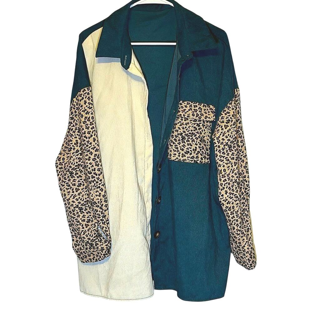 Blue and Cream Oversized Mixed Print Button Front Shirt Leopard Sleeve XL